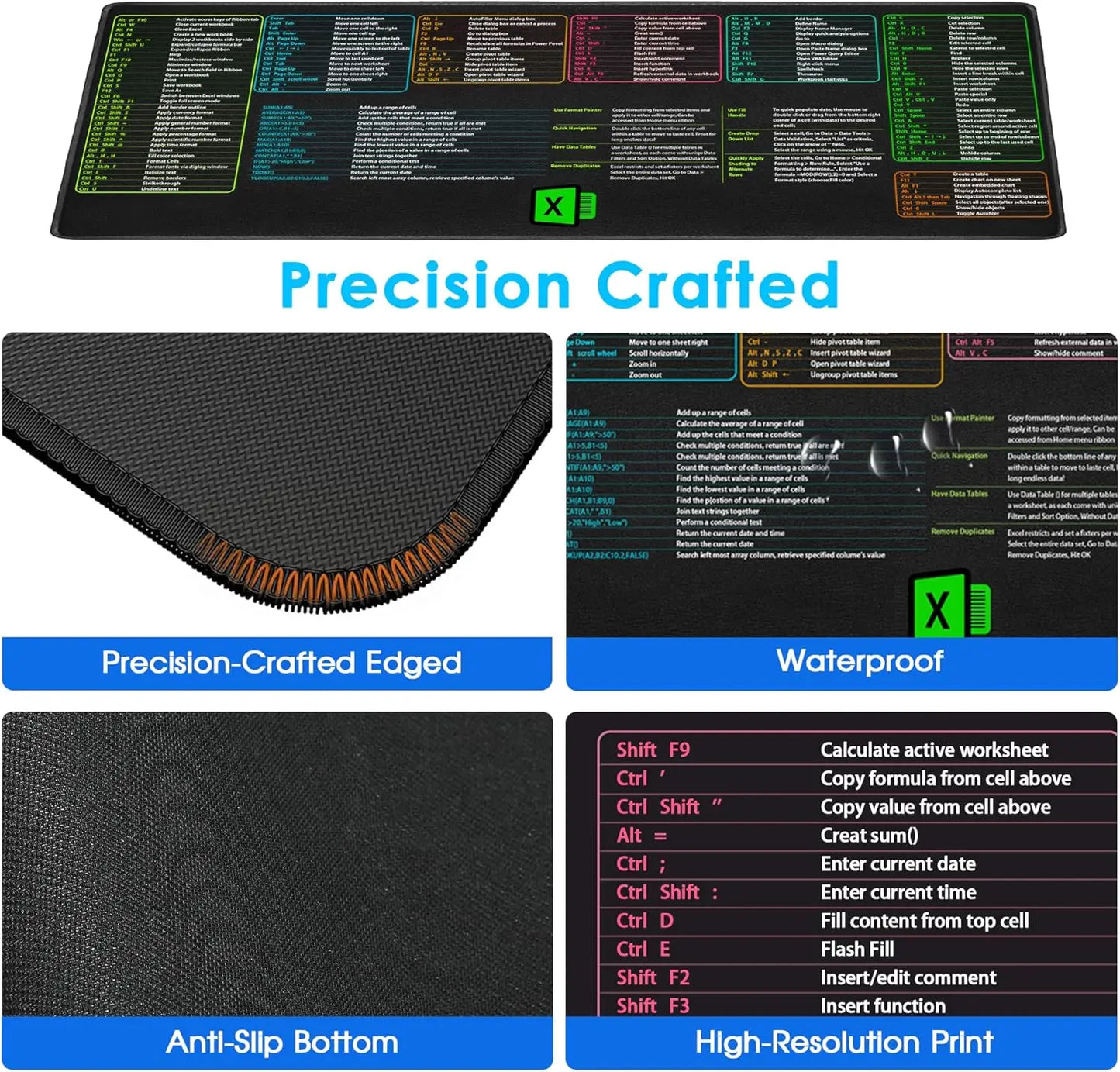Excel - Cheat Sheet Layout Mouse Pad Over 150 Excel Shortcuts || select your size