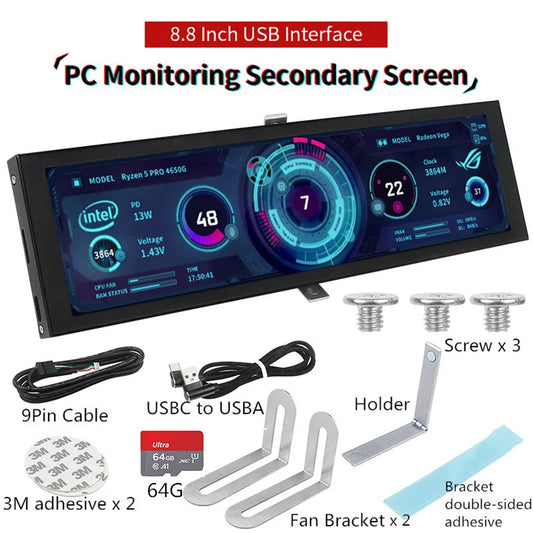 8.8 inch IPS TYPE-C Secondary Screen Case CPU GPU RAM  Computer Monitoring USB Display Chassis Turing Smart  AIDA Free